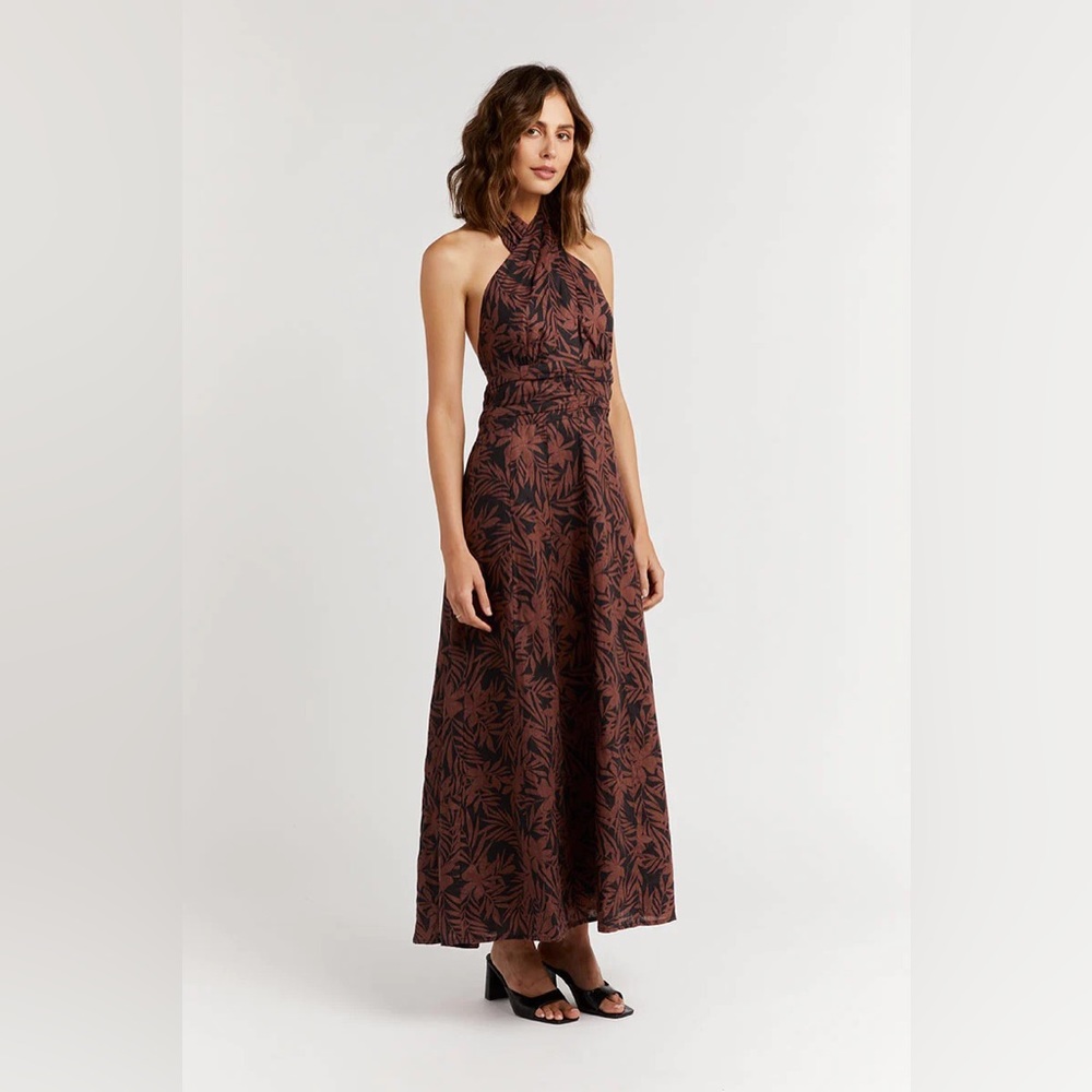 Dissh CEDRO CHOCOLATE PALM HALTER DRESS - 4 / BROWN